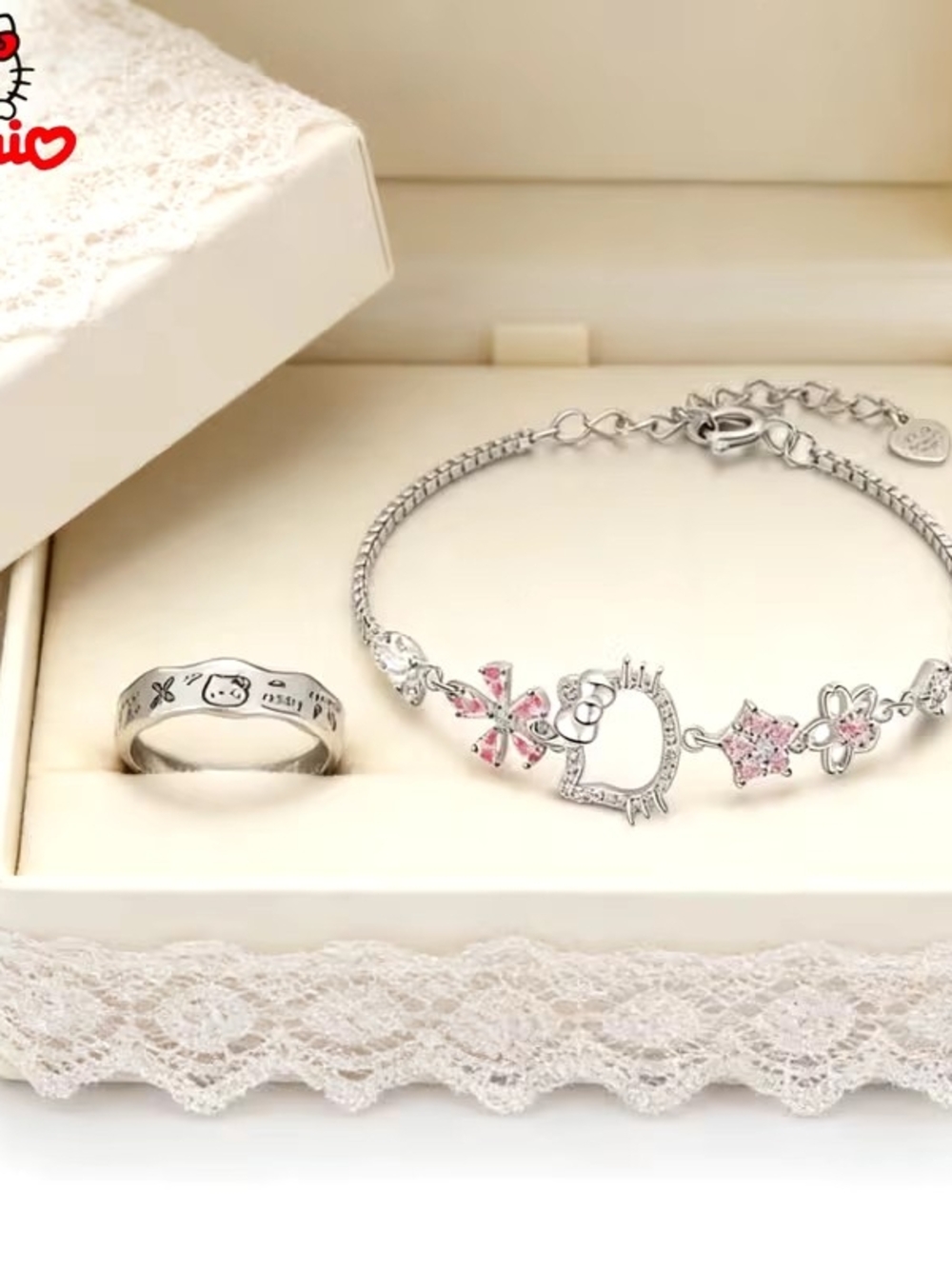 💲3⃣▶>>Hello Kitty Inspired Silver Bracelet with Pink Accents